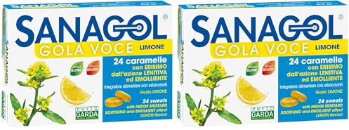 SANAGOL Limone Gola Voce | Pastiglie per Gola con Erisimo, Altea, Rosa Canina e Mentolo | Azione Emolliente e Lenitiva | Supporto Tono della Voce | 24 Caramelle Gusto Limone (Confezione da 2)