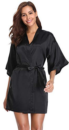 Vlazom Women's Kimono Robes Dressing Gown Satin Bathrobe Nightdress Pure Colour Short Style with Oblique V-Neck, Black, M(UK 8-10)