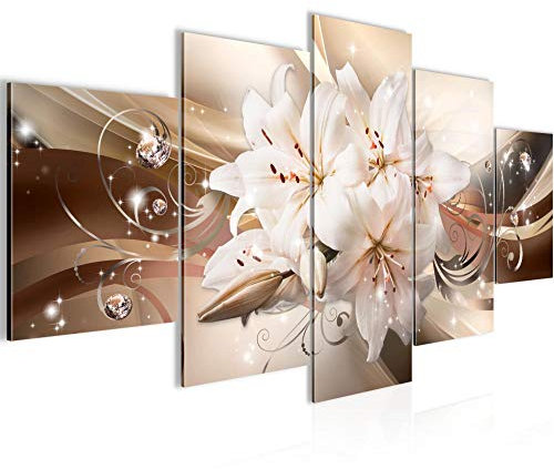 Runa Art - Tableau Lis Fleurs 200 x 100 cm 5 Parties XXL Decoration Murale Dessin Marron Beige 020151a