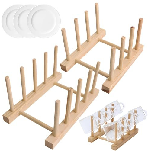 2 Pcs Bambuslagerregal,Abtropfgestel Abtropfhalter Abtropfständer Küche Geschirrkorb Tellerständer aus Bambus-Holz für Teller, Tassen, Buch Geschirrtrockner Abtropfgestell Tellerständer,CD,Weinglas