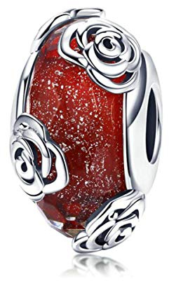 Perle en verre de Murano pour bracelets Pandora en argent sterling (rose rouge), Sterling-Silber Kristall Aus Sterlingsilber, Pas de gemme