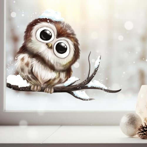 Wandtattoo Loft Fensterbilder Weihnachten mit winterlicher Eule – Wiederverwendbar – A4 Bogen – Weihnachstdeko Fenster Kinderzimmer, Weihnachtsbilder Fenster, Fensterbild Winter