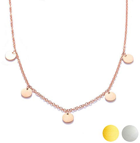 Kim Johanson Edelstahl Damen Halskette *Coins* in Silber, Gold & Roségold mit 5 runden Plättchen Boho Schmuck Kette verstellbar inkl. Schmuckbeutel (Roségold)