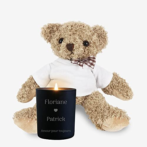 CADEAUX.COM Kerze mit gravur und weicher Teddybär - gravierte Duftkerze personalisiert mit Namen und Botschaft, Duft Vanille - 35 Stunden Brenndauer - Geschenkidee zu Weihnachten, zum Valentinstag