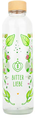 Bitterliebe® Trinkflasche Glas 700ml I 100% BPA-frei mit Bio-Schraubverschluss I spülmaschinengeeignet und auslaufsicher