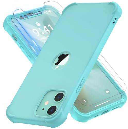 ORETECH for iPhone 12 Case, iPhone 12 Pro Case, with [2 x Tempered Glass Screen Protector] Heavy Duty Protection Silm Hard PC Silicone Rubber Bumper Cover - Green