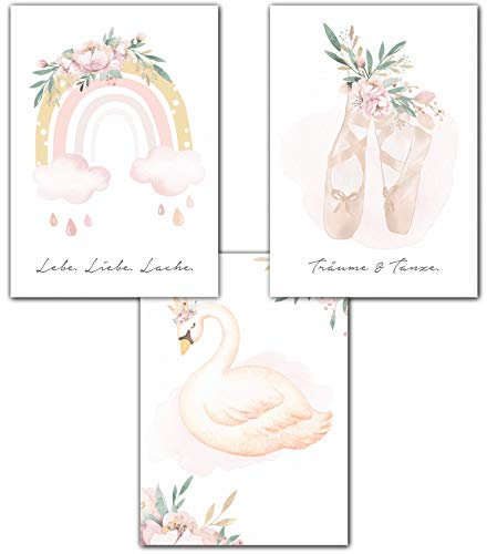 Lemmami Papeterie 3er Set Wandbilder Kinderzimmer Babyzimmer Poster Bilder DIN A4 Mädchen Jungen Deko Dekoration Schwan Regenbogen Ballerina (3er Bilder Set Rosa, Pastell, Wanddeko)