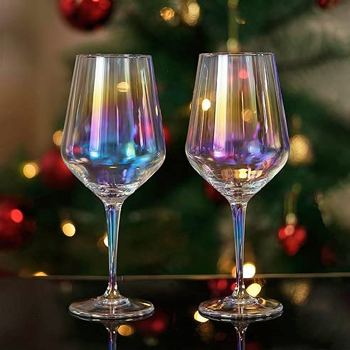 SUFUBAI Kelch Weingläser 2er-Set, kristallklare Glasbecher mit Regenbogeneffekt, 420 ml Fassungsvermögen, perfekt für jeden Anlass