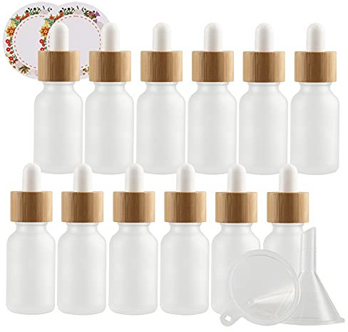 ZEOABSY 12 Pieza,Botella De Aceite Esencial Mate Transparente De 15ml, Fácil De Llenar, Botellas de Cristal con anillo de Bambú y pipeta,para Aceite Esencial, Medicina,Fragancia, Aromaterapia
