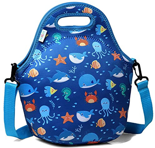 VASCHY - Bolsa isotérmica para comida infantil, 10,6 L, neopreno y nevera flexible, isotérmica para niño, ligera, bolsa de comida infantil, con bolsillo frontal y correa ajustable ballena