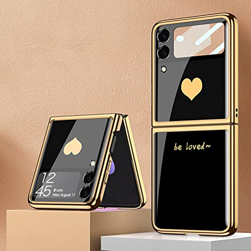 COQUE Galaxy Z Flip 3 5G Hülle,ultradünnes 9H Glas glänzend lackierte Handyhülle,Faltbare Handyhülle für Samsung Galaxy Z Flip 3 5G-Liebe-Schwarz
