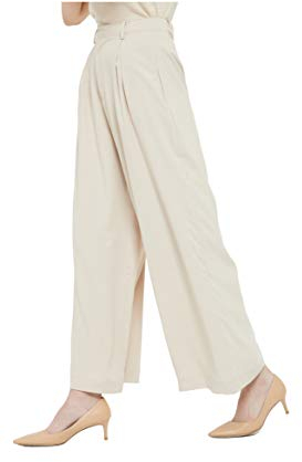 Tronjori Femme Taille Haute Pantalons Casual Jambes Larges Plissé Devant Vintage Pantalon avec Poches pour Les Loisirs, Le Travail and Le Bureau(L, Beige Short)