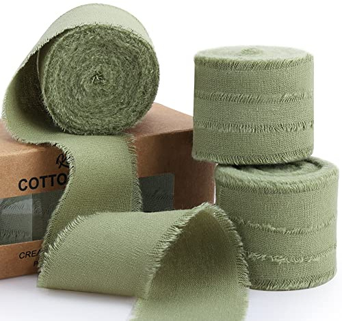 Keypan Salbeigrün Baumwollband Schleifenband & Geschenkband 3,8cm x 13,7m | Breit Bänder mit Fransen für Geschenkband Hochzeit Weihnachtsdeko, Tischdeko, Dekoband