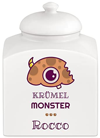 Maverton Keramik Vorratsdose mit Deckel + Aufdruck - Deko Aufbewahrungsbox für Kekse - Vorratsglas für Süßigkeiten - Plätzchendose für Männer zum Geburtstag - weiß - Krümel Monster
