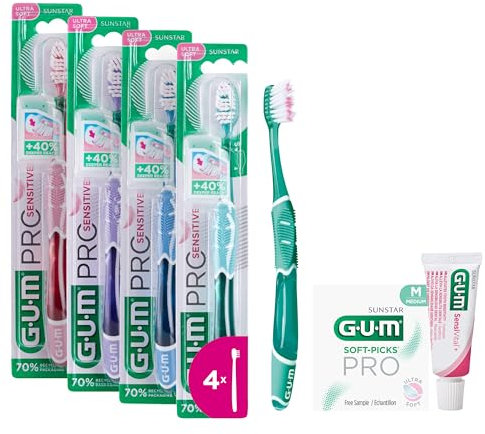 GUM PRO SENSITIVE Zahnbürste | ultraweiche Borsten für empfindliche Zähne und Zahnfleisch | kompakter Kopf | 4 x 1 Stück (mit 1 Gratisprobe)