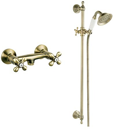 Messing Nostalgie Kreuzgriff Duscharmatur mit Duschstange und Retro Brausekopf