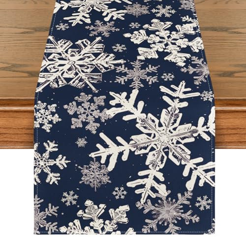 Artoid Mode Dunkel Blau Schneeflockenn Weihnachten Tischläufer, Saisonnal Winter Küche Tisch Dekoration Drinnen Urlaub Party Dekor 40x140 cm