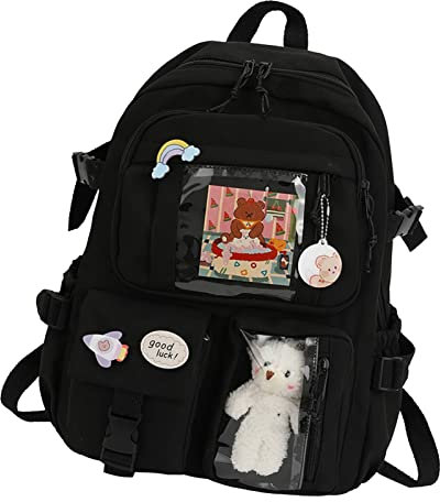 Lambo Rucksäcke mit Anhänger, Rucksack mit Pin | Schwarz/Rosa/Cremeweiß/Grüne Schultaschen für Mädchen mit süßer Anstecknadel und Zubehör
