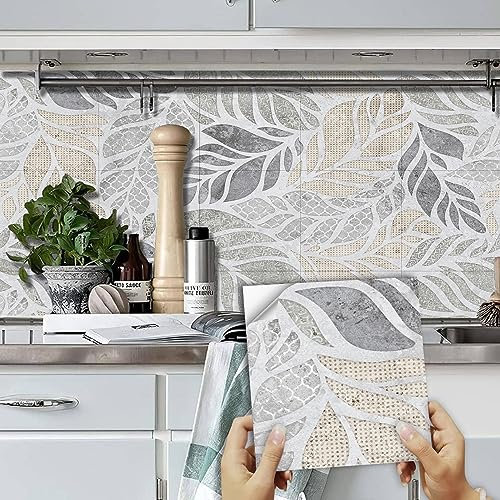 Piastrelle Adesive Cucina Foglia Grigia Astratta Piastrelle Adesive Bagno Impermeabile Paraschizzi Cucina Adesivo Soggiorno per Mobili Decorazioni Mattonelle Adesive 10 Pezzi/10x10cm