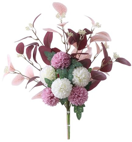 HAOSHICS Ramo de flores falsas blancas, hortensias, flores artificiales de crisantemo, flores artificiales de seda para decoración de centros de mesa de café (rojo vino)