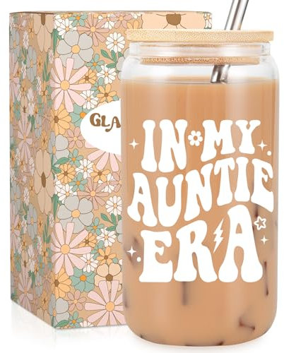 Fairy's Gift Aunt Era Cup Tumbler, Cute 16 oz Iced Coffee Glass Cup with Lid Straw - Aunt Gifts Ideas, Mothers Day, Birthday Presents for Best Auntie, New Aunty, Cool Auntie Gifts from Niece, Nephew