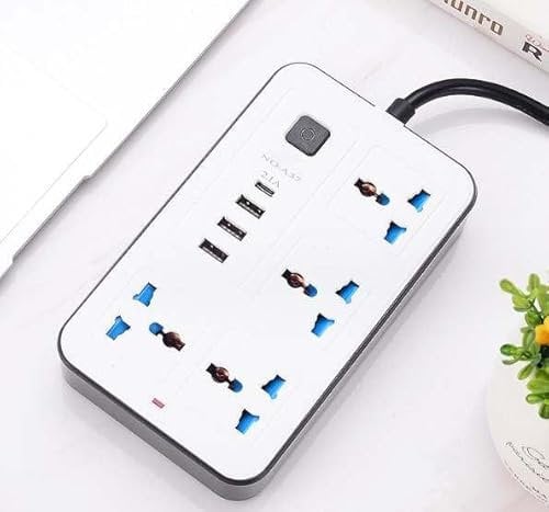 MettaWorld Universal Extension Lead With 3 USB 1 Type C Ports 2 Meter Cable 4 Way Gang Socket Multi Power Plug Extention Wall Adapter Power Hub With Switch UK Plug for Home and Office. Black/White