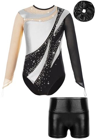 Jowowha Mädchen Turnanzug Langarm Gymnastikanzug Glänzend Ballettanzug Turnshorts Haarband Set Turnen Trikot Gymnastik Tanzkostüm Silber Schwarz 134-140