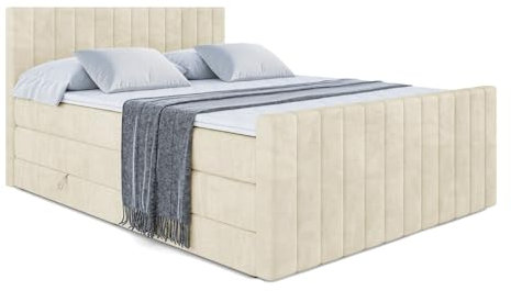 ALTDECOR Boxspringbett mit Matratze und Lattenrost, Topper, Fußteil,Polsterbett mit Bettkasten, Bett mit Stauraum H3- und H4- Matratze, Doppelbett - Edita-Z King - 200x200 - Beige Monolith