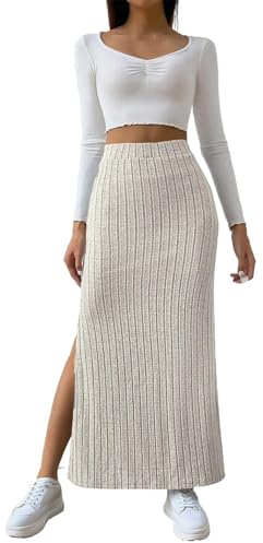 Stickad kjol dam lång med slits, långa kjolar dam elegant stor, Beige, L