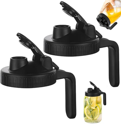 Mason Jar Ausgießer mit 2 Stück Edelstahl Pitcher Flip Cap Deckel, Auslaufsichere Dichtung für Wide Mouth Ball