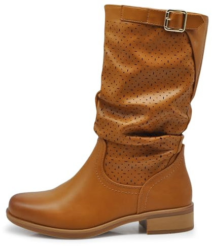 IF Fashion Stivali Stivaletti da Donna Biker Motociclista Traforati Primaverili Estivi Con Fibbia YL205 camel N.38