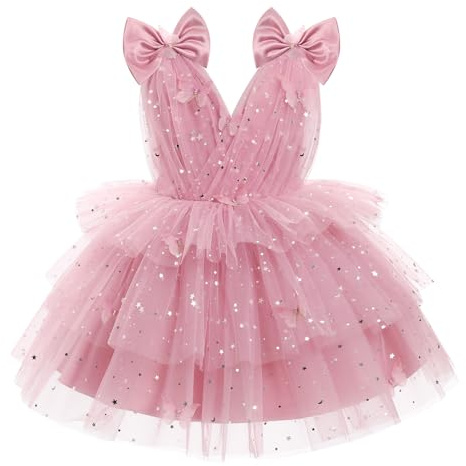 Robe d'anniversaire pour bébé fille papillon - Robe sans manches avec col en V - Robe de princesse arc-en-ciel à volants en tulle - Tutu - Robe formelle pour mariage et fête pour tout-petite et enfant