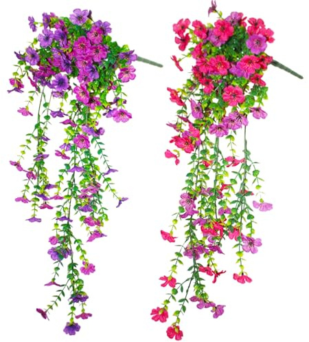 2Pcs Artificial Fake Hanging Plants Flowers, Faux Silk Fuchsia Orchid Long Vines for Home Porch Patio Planter Decoration, UV Resistant Artificial Plants for Outdoor Outside Decoration(Purple and Red)