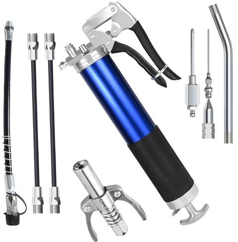 Fettpresse für Schmiernippel,10 Stück Einhand Fettpresse Set,6000-7000 PSI Schwerlastes Schmierpressen mit Schnellkupplung,Flexschlauch und Metallrohr,Fettpresse für 400g Fettkartusche