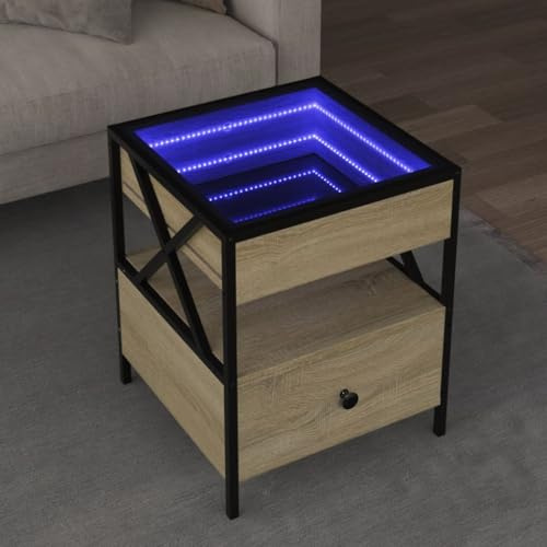 HaoChrymec Couchtisch mit Infinity-LED, Sonoma-Eiche, Modernes Design, RGB-Beleuchtung für individuelles Ambiente, Beistelltisch für Wohnzimmer, 40 x 40 x 51 cm