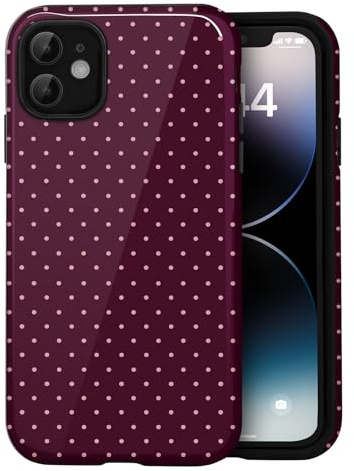 Amzfield Case for iPhone 11, Small Polka Dot Dual Layer Retro, Burgundy | Small Polka Dot Dotted Dual Layer Shockproof Retro Cute Girly for Girl Women Drop Protection Precise Cutouts Impact Resistant