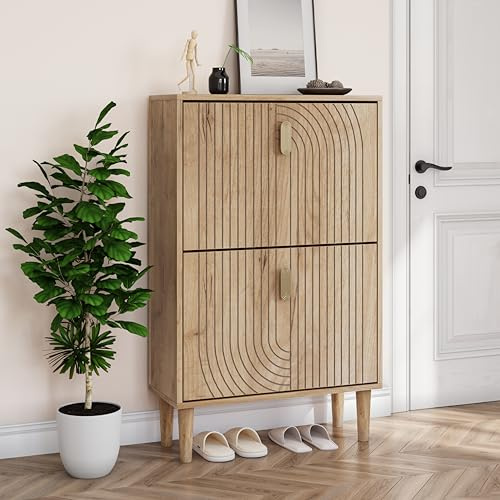 Smuxee Shoe Cabinet with 2 Flip Drawers, 23.6 Oak Hidden Shoe Storage Cabinet with Line Groove Design, Freestanding Shoe Organizer Cabinet for Entryway, Hallway, Living Room