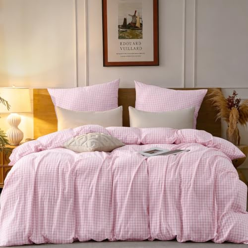TOCOMOA Gingham Bettwäsche 135x200 Kariert 100% Gewaschene Baumwolle Set | Weich, reißbeständig,Leinenoptik und Atmungsaktiv Bettwaren mit Reißverschluss, 1 Bettbezug und 1 Kissenbezug 80x80 cm
