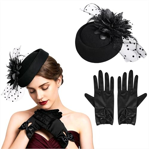 Vintage Fascinators Hut für Damen 20er 50er Blume Federkleid Kopfschmuck mit Spitzenhandschuhen Schwarz Pillbox Hut mit Netzschleier und Elegant Gloves Set für Tea Party Cocktail Hochzeiten Geburtstag