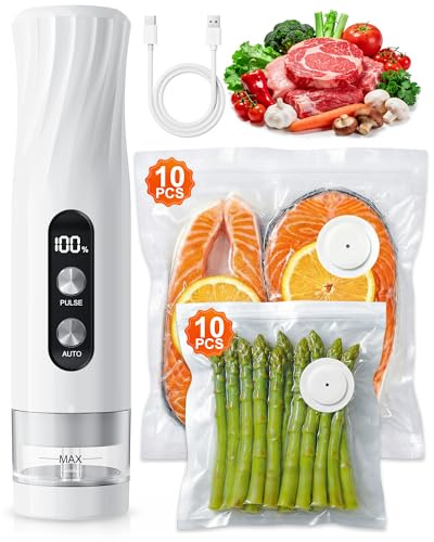 Babacom Macchina Sottovuoto Alimenti Portatile con Serbatoio Visibile, 60kPa Potente Vacuum Sealer, Sigillatura Auto e Modalità Impulso per Alimenti Delicati Sigilla Barattoli,20 Sacchi Riutilizzabili