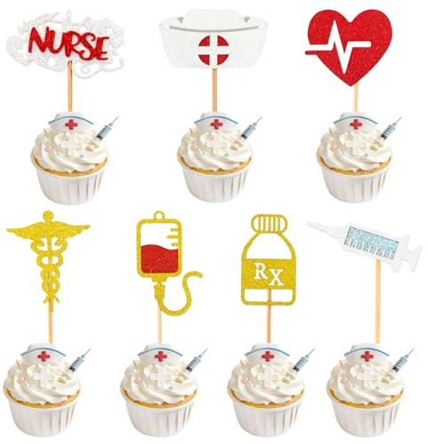 28 PCS Nurse Cupcake Toppers, Glitter Nurses Week Cupcake Picks, Nursing School Graduation Food Picks Cupcake Toppers Cake Decorations for National Nurse Day Nursing Graduation Congrats Party Supplies