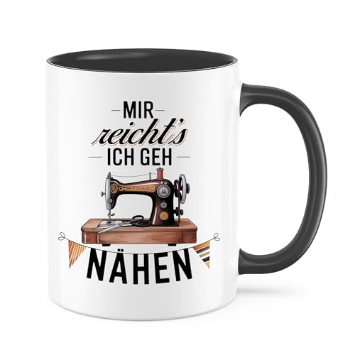 Ich geh Nähen Tasse | Kaffeebecher mit Nähmaschine Motiv – Lustiger Spruch – Kaffeetasse Geschenk | Weiß-Schwarz