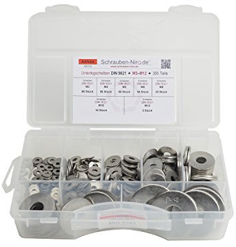Sortiment Edelstahl A4 Karosseriescheiben DIN 9021, M3 bis M12, 305 Teile, Material: V4A VA