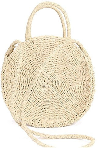 Minetom Stroh Crossbody Tasche Frauen Weben Umhängetasche Runde Sommer Strand Geldbörse und Handtaschen B Beige 28x28x10 cm