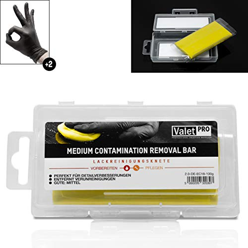 detailmate ValetPRO Reinigungsknete gelb (medium) - Yellow Contamination Removal Bar 100g + 2 Nitril Schutzhandschuhe