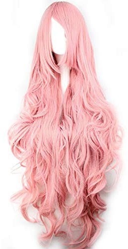 40 Inches 100cm Long Curly Wigs For Women Heat Resistant Synthetic Big Wavy Wig With Bangs Pink Cosplay Halloween Costume Wig