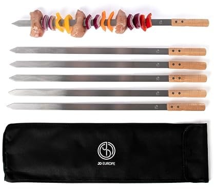 JD Europe 6 pinchos turcos para barbacoa Adana Kebab con asas de madera. Pinchos planos anchos de acero inoxidable para barbacoa de 57,5 cm de largo, 2 cm de ancho y 2 mm de grosor.