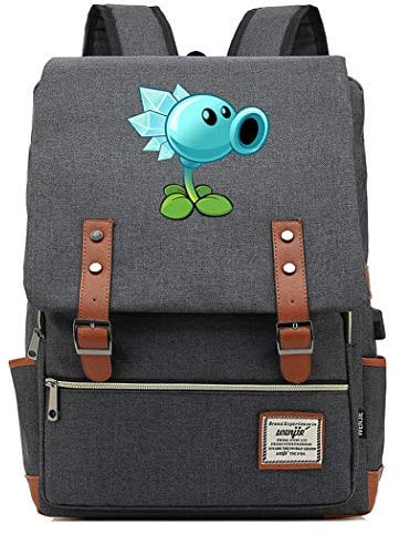 WANHONGYUE Plants vs. Zombies Game Anime College Student Schoolbag 15.6-inch Laptop Backpack Vintage Rucksack with USB Charging Port Grey / 3