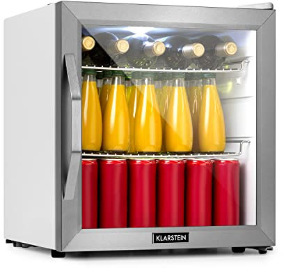KLARSTEIN Nevera Pequeña Puerta Cristal Habitaciones, Nevera Portatil Electrica, Mini Nevera para Bebidas, 47 L, Mini Frigorifico con Estantes