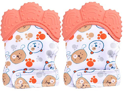 Wendergo Teething Mittens for Babies 2 Pack Baby Teething Gloves Infant Soothing Pain Relief Mitt Baby Teether Mits, Food Grade Silicone, Safe(BPA Free), Washable(Orange)
